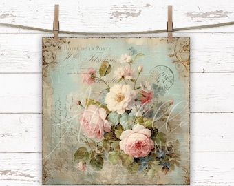 May include: A vintage postcard with a faded blue background featuring a bouquet of pink and white roses with green leaves. The postcard has text in French that reads "Hotel de la Poste" and "the Tilmans".