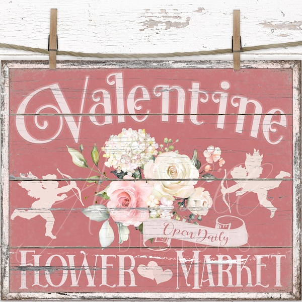 Valentines Day Cupids Flower Market DIY Digital Print Picture Victorian Farmhouse Rustic Tiered Tray Wreath Decor Country Distressed Shabby