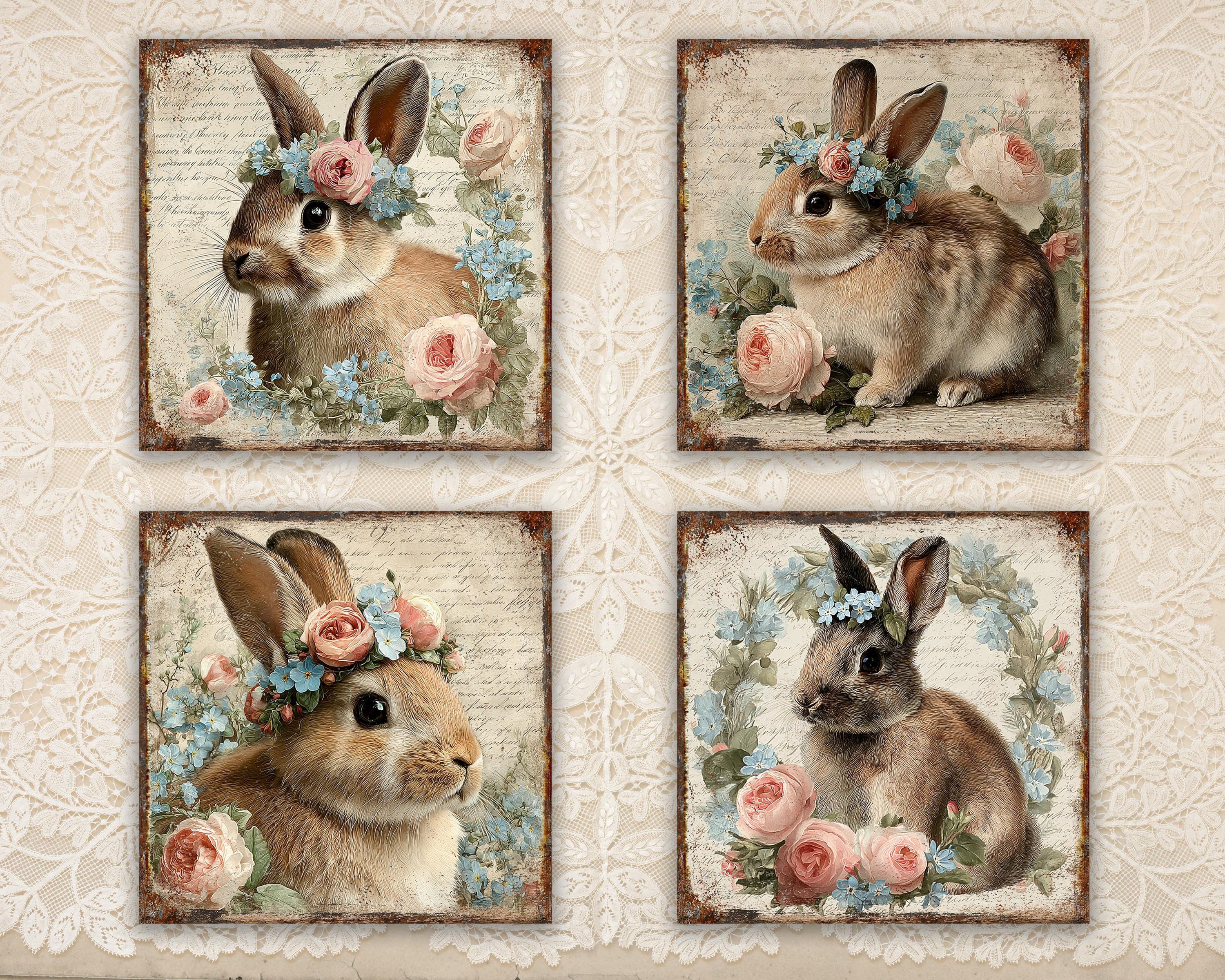 4x4 Vintage Bunny Printable: Victorian Floral Rabbit, Shabby Chic ...
