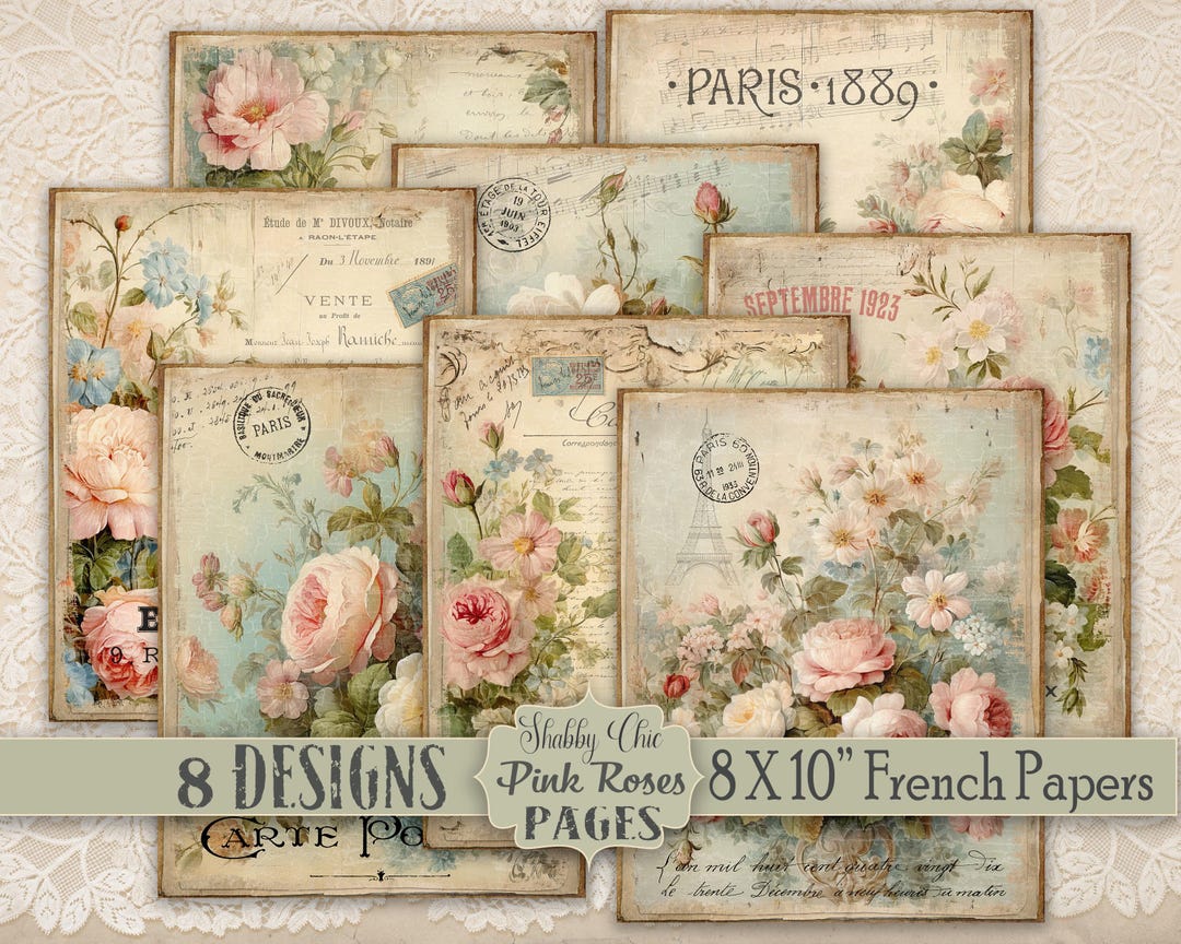 Shabby Chic Pink Roses Digital Paper Pack: French Farmhouse (digital ...