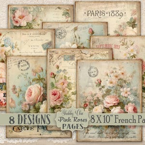 Shabby Chic Rose Rosa Carta Digitale Stampabile Pacchetto Fai da Te Pagine Diario Junk Country Francese Fattoria 8X10 Scrapbook Cottage Craft 8 Disegni