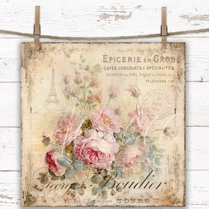 Shabby Chic Printable Pink Cabbage Rose Bouquet DIY 10X10 Digital Farmhouse French Rustic Print Cottagecore Junk Journal Romantic Wall Art
