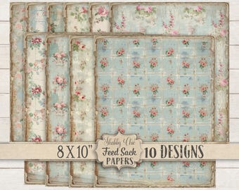 Shabby Chic Roses Printable Digital Paper DIY Junk Journal Vintage Feed Sack Country French Farmhouse 8X10 Rustic Scrapbook Cottage Craft