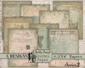 May include: A set of eight vintage-style journal pages with a distressed aesthetic. The papers feature faded colours, floral patterns, and handwritten script. The text includes "Paris", "Carte Postale", and "Avenue de l'Opera". The papers are 21.6 x 27.9 cm.
