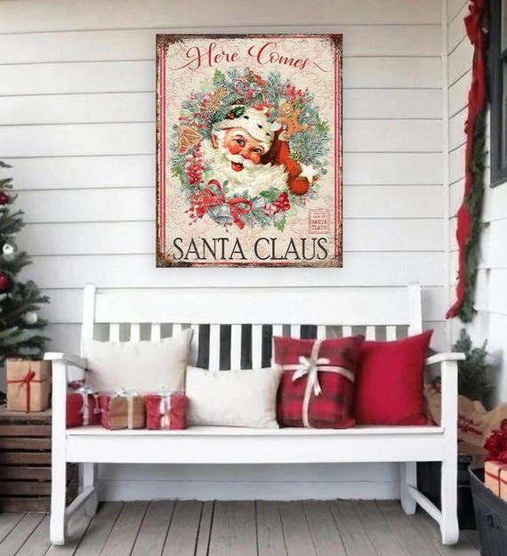 ヴィンテージサンタクロースのクリスマスサイン：素朴な農家風リース