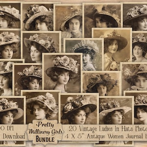 May include: A collection of 20 sepia-toned vintage photographs featuring portraits of individuals wearing ornate floral hats. The image includes the text: Pretty Millinery Girls BUNDLE, 300 DPI Digital Download, 20 Vintage Ladies In Hats Photos, 4 X 5” Antique Women Journal Pics.