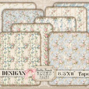 Pacote de papel digital para impressão de rosas francesas Shabby Chic, diário de lixo faça você mesmo, vintage, azul, fazenda, 8,5 x 11 pol., rústico, romântico, casa de campo, artesanato