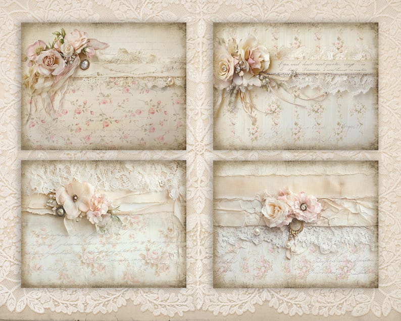 Shabby Chic Roses Digital Paper Pack, Victorian Ribbons (8.5x11, 10 ...