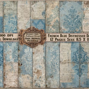 May include: Digital download of distressed damask papers in French blue, featuring antique script and floral patterns. The papers are 8.5 x 11 inches in size, perfect for junk journals and scrapbooking projects.