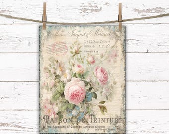 May include: A vintage-style image featuring a bouquet of pink and white roses with green leaves. The image has a faded, distressed look and includes text that reads "Maison Jacquet & Morawied 20 & 22. Rue Colbert TOURS 15 TELEPHONE 8.59 MAISON DE TEINTURE 60 FAUBOURG ST GEORGES (Lige recte du Tramway de la Gare aux Bureaux".