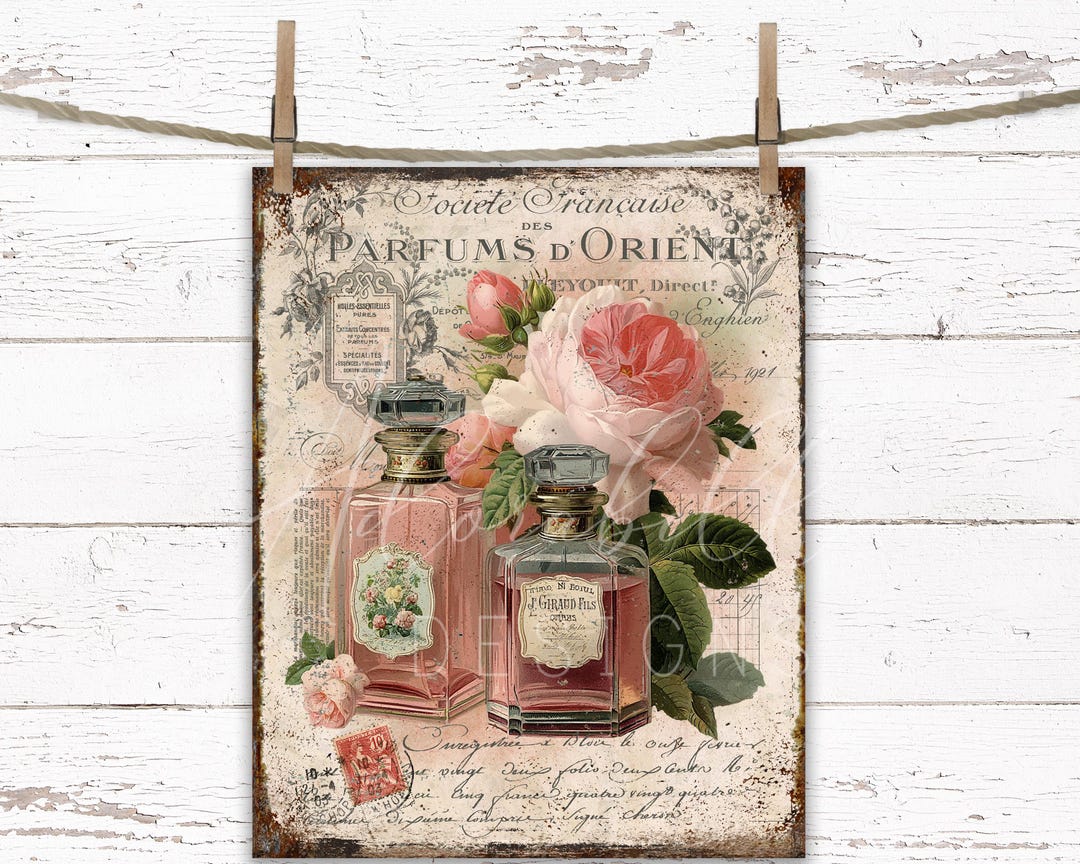 French Perfume Bottle Print: Pink Roses, Vintage Shabby Chic (digital ...