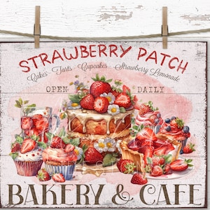 Country Farmhouse Digital Download Print Transfer, Strawberry Patch Cafe Market Decor Vintage Tiered Tray DIY Design, Cottagecore Decor