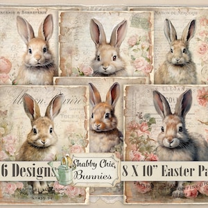 Shabby Chic Ostern Ausdruckbar Französisch Digital DIY 8x10 Papiere Braun Häschen Kaninchen Rosa Rosen Mini Schild Handwerk Bauernhaus Cottage Junk Journal
