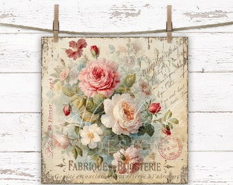 May include: A vintage-style print featuring a bouquet of pink and white roses with green leaves and stems. The background is a faded cream color with handwritten text and a red stamp that reads "3R.DE LA COND". The text at the bottom reads "FABRIQUE DE BIJOSTERIE" and "Ge côté est exclusivement reservé à l'adresse".