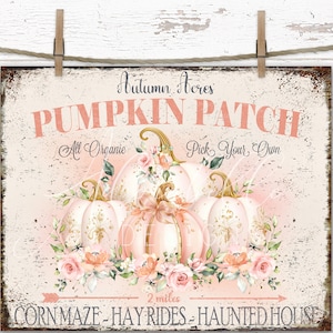 Pumpkin Patch Sign Fall Decor Shabby Chic DIY Printable Autumn Acres Print Pretty Pumpkins Pink Roses Transfer Cottagecore Decor Farmhouse