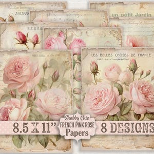 Confezione di carta digitale stampabile Shabby Chic Rose rosa Pagine di diario fai da te Junk Journal Country French Farmhouse 8,5X11" Cottage Craft 8 eleganti design