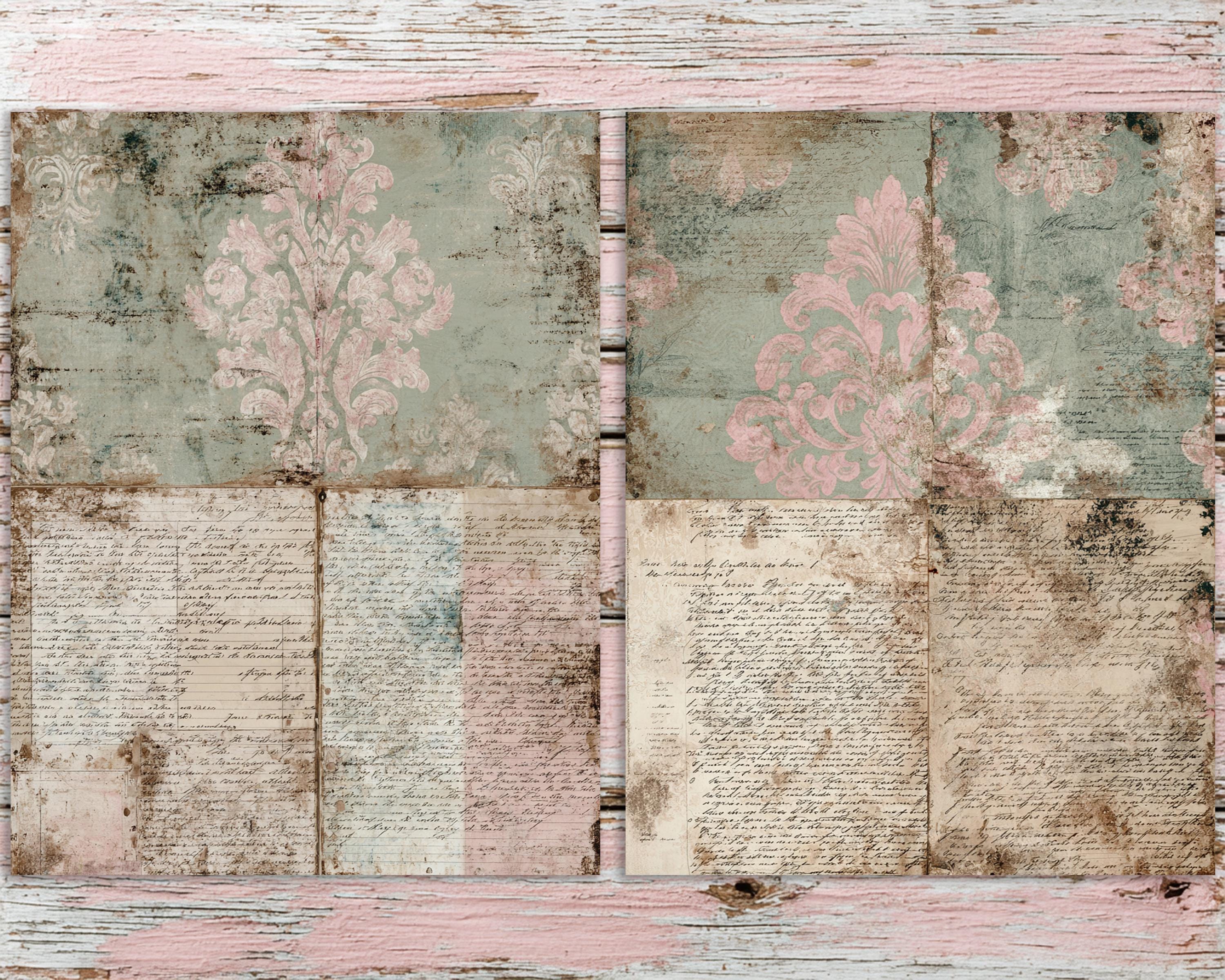 Empherma Script Paper Shabby French Antique Script Journal Pages | Sage Damask Paper Pack ...