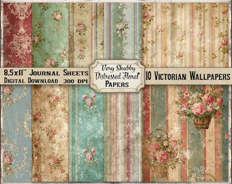 Shabby chic viktorianska blompapper: Digital nedladdning av journalark med slitna tapeter