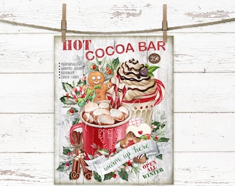 May include: A vintage-style sign for a hot cocoa bar, featuring a red mug filled with marshmallows and a gingerbread man. The sign includes text that reads "Hot Cocoa Bar" and "Warm up here". The sign is decorated with candy canes and greenery.