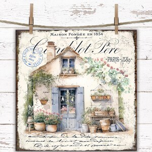 May include: A vintage-style illustration of a small cottage with blue shutters and a door, surrounded by lush greenery and flowers. The text "Maison Fondée en 1854" and "Cendilot Père - PARIS 1889" is visible on the image.