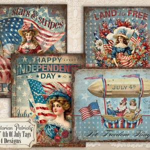Fourth 4th Of July Printable DIY Digital 4X5 Cards Tags Independence Day America Victorian Rusty Country Cottage Patriotic Junk Journal