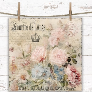 Shabby Chic Printable Wall Art Country French DIY Pink Roses Bouquet 10X10 Digital Farmhouse Rustic Print Cottage Core Junk Journal Romantic