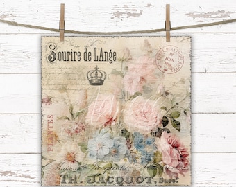 May include: A vintage-style print featuring a bouquet of pink and blue flowers with a crown and the text "Sourire de L'Ange" and "Maison Jacquot, Succ." on a textured background.