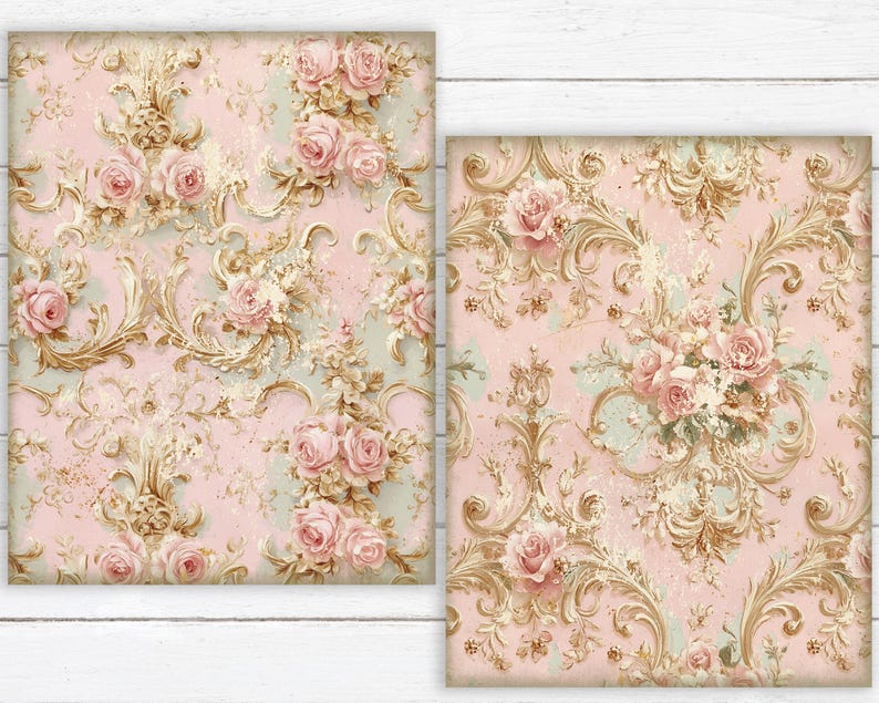 Shabby Chic Rococo Roses Digital Paper Pack: French Cottage DIY (8.5x11 ...