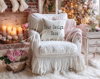 Maqueta de sala de estar navideña estilo shabby chic: Foto de chimenea rosa navideña (descarga digital)