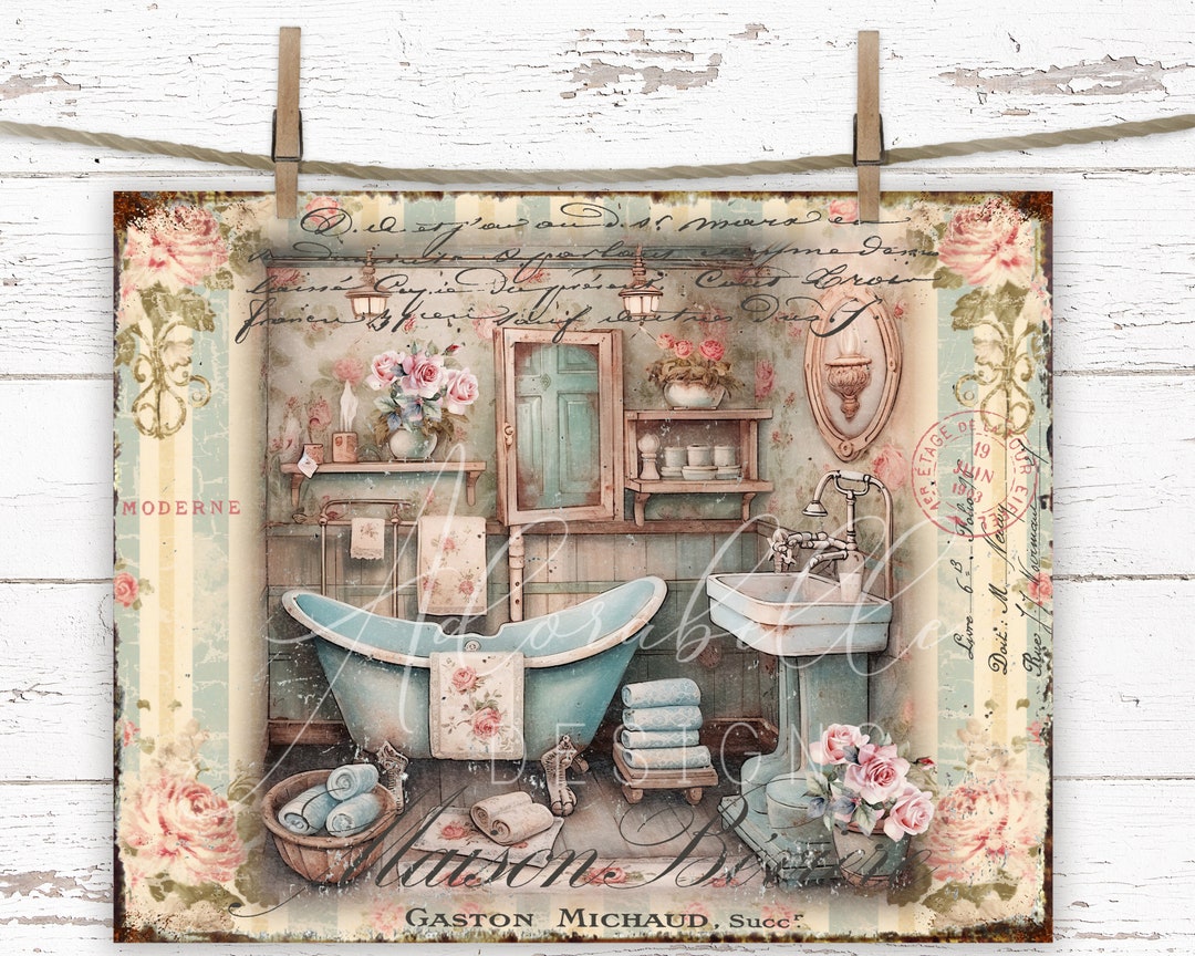 Shabby Chic Bathtub Print: French Country Pink Roses Bathroom Decor ...