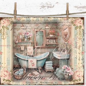Baignoire shabby chic à la française dans une ferme de campagne, impression numérique bricolage, journal indésirable, décoration Cottagecore, art mural imprimable roses roses, décoration de salle de bain