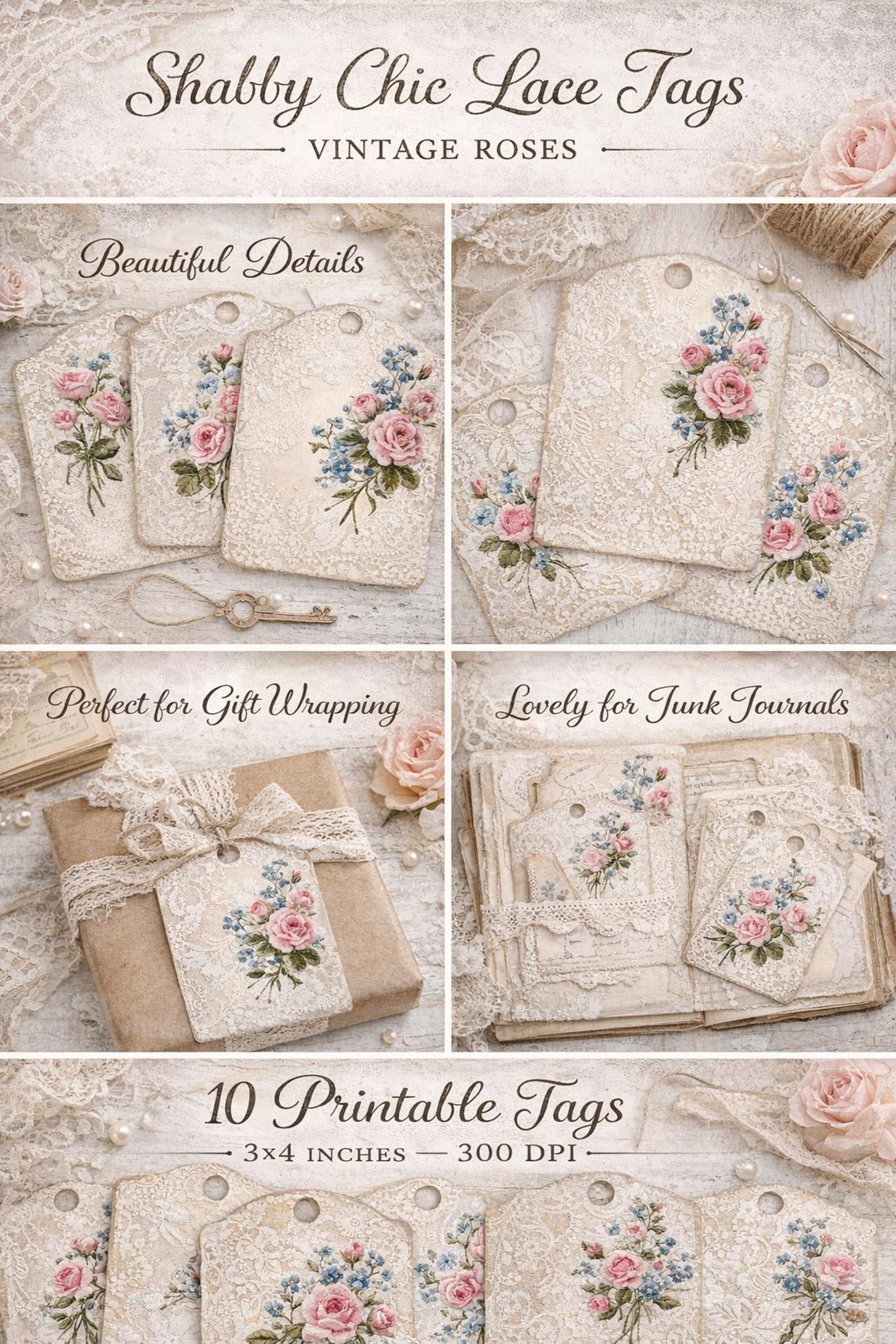 Shabby Chic Lace Tags, Vintage Rose Printables, Junk Journal Ephemera ...