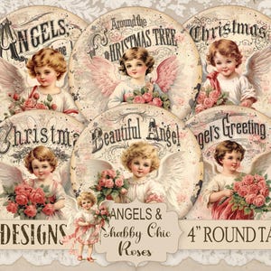 Shabby Chic Angels Roses Afdrukbare DIY Junk Journal 4" Ronde Tags Stickers Land Boerderij Rustiek Kaarten Scrapbook Cottage Crafts Supplies
