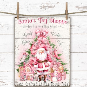 Pink Shabby Chic Christmas Digital Farmhouse DIY Holiday Sign Print Transfer, Santa&#39;s Toy Shoppe Pink Santa Christmas Trees Pink Christmas