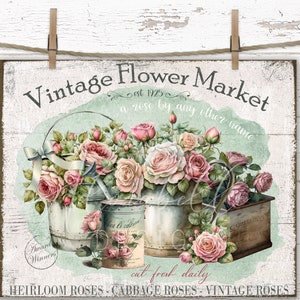 Country Farmhouse Digital Download Print Transfer, Shabby Chic Flower Market Vintage Tiered Tray Decor Pink Roses, Cottagecore Decor