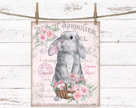 Shabby Chic Easter Bunny Print: Farmhouse French Roses (Digital Download)