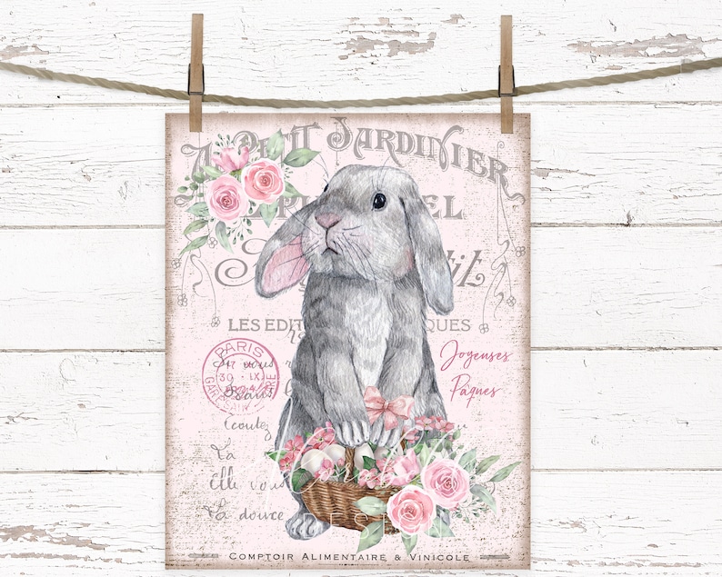 May include: A vintage-style illustration of a gray bunny rabbit holding a basket of pink Easter eggs. The bunny is surrounded by pink roses and green leaves. The image has a pink background with French text that reads "PETARDITIER EL LES EDIT QUES Jogenses Paques COMPTOIR ALIMENTAIRE & VINICOLE".