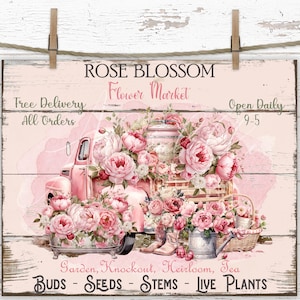 Shabby Chic rosa Blumenmarkt Print: Vintage Bauernhaus Dekor (digitaler Download)
