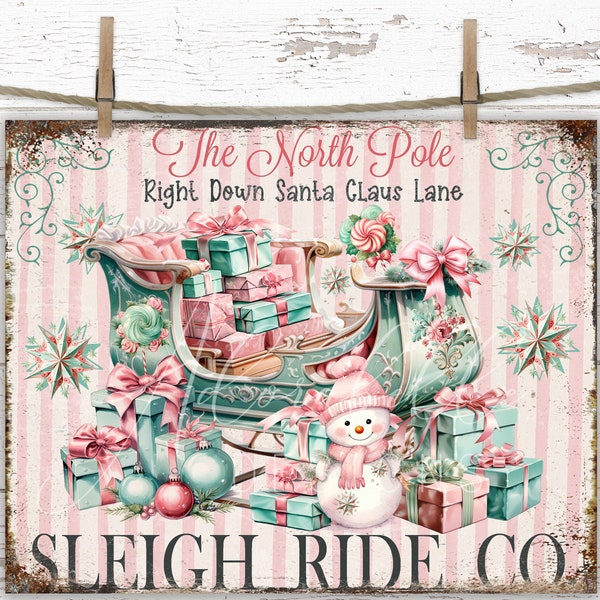 Retro Christmas DIY Digital Sign Print Holiday Wreath Decor Farmhouse North Pole Sleigh Ride Transfer Shabby Chic Rustic Metal Cottagecore