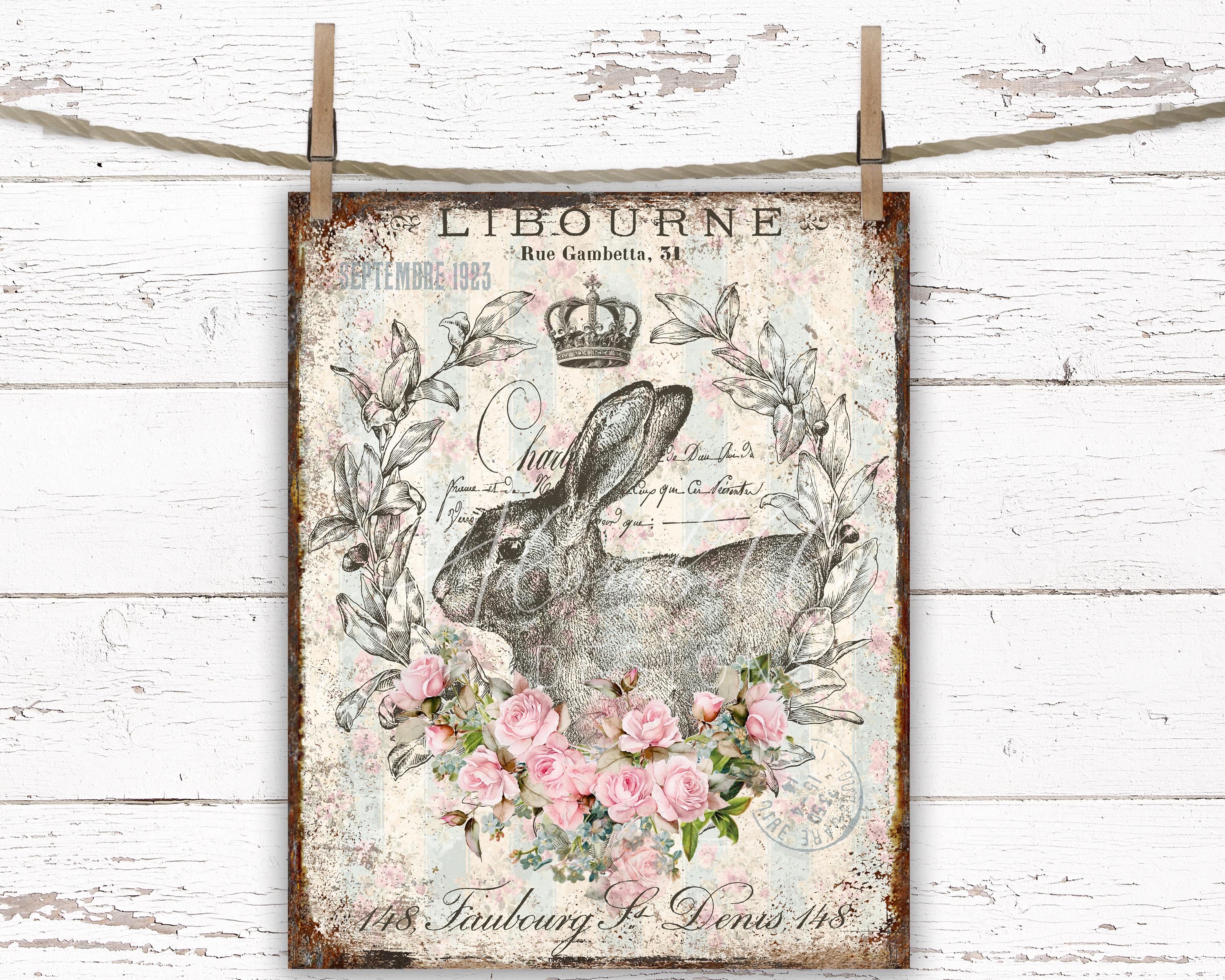 ウサギとピンクのバラの印刷可能：シャビーシックなフレンチカントリー