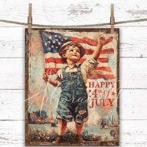 May include: A vintage-style illustration of a young boy holding an American flag, with the text "Happy 4th of July" in red, white, and blue.