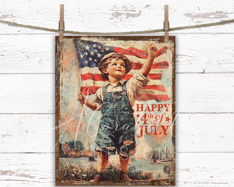 4th of July Printable: Vintage Patriotic Boy With Flag (digital ...