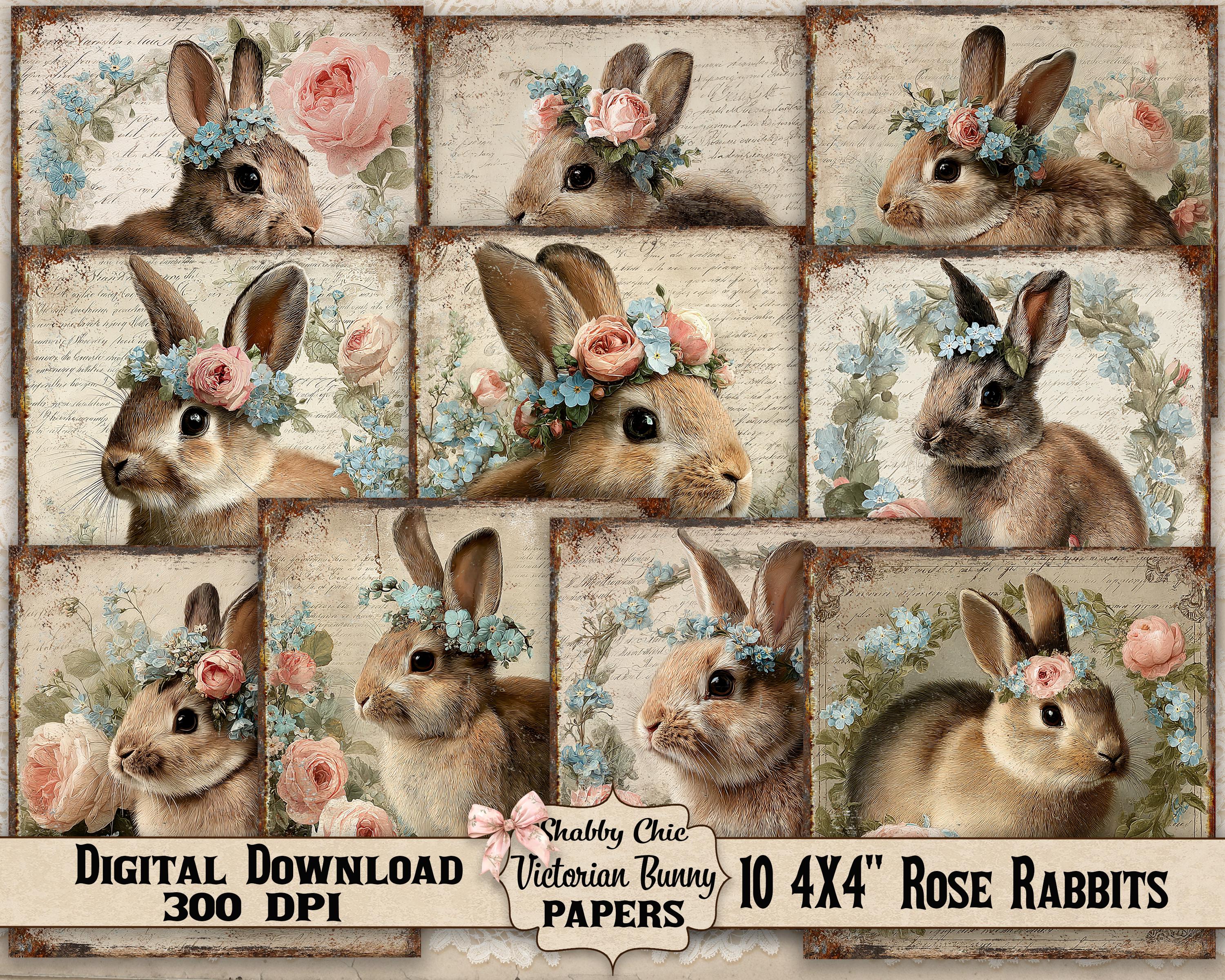 Vintage Rabbit Pattern 4x4 Vintage Bunny Printable: Victorian Floral Rabbit, Shabby Chic ...