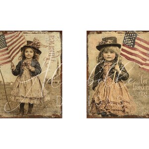 Puede incluir: Dos impresiones de estilo vintage que representan a ni&ntilde;as con banderas americanas. Las impresiones tienen un tono sepia con bordes desgastados. Una impresi&oacute;n tiene la palabra "America", la otra "Let freedom ring".