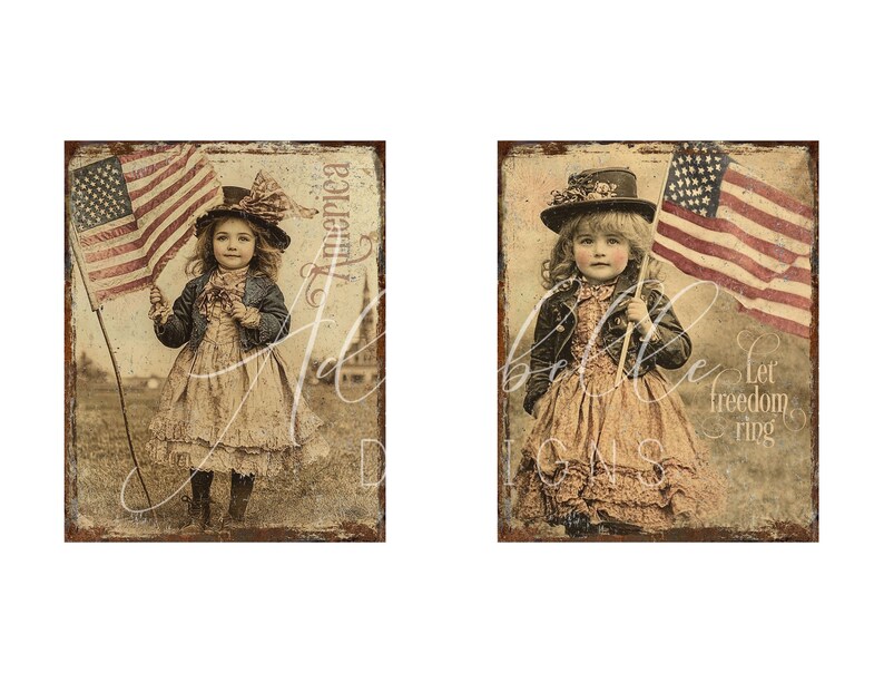 Puede incluir: Dos impresiones de estilo vintage que representan a ni&ntilde;as con banderas americanas. Las impresiones tienen un tono sepia con bordes desgastados. Una impresi&oacute;n tiene la palabra "America", la otra "Let freedom ring".