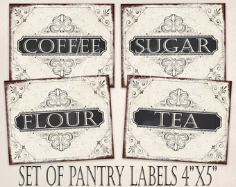 Rustic Farmhouse Pantry Labels Printable: Vintage Kitchen Mason Jars, Coffee Sugar Flour Tea 4x5"