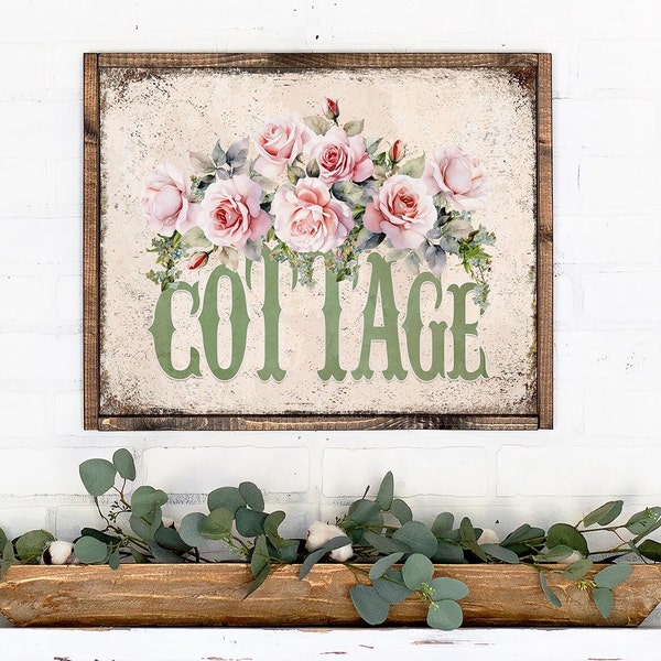 Cottage Sign 16x20 Shabby Chic Vintage Pink Roses Digital Print Wall Art, Farmhouse Bungalow, Tiered Tray Cottagecore Decor Rusty Metal Tray