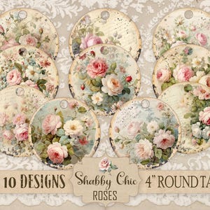 Shabby Chic Roses Printable DIY Junk Journal 4" Round Gift Tags Country French Farmhouse Rustic Cards Scrapbook Cottage Crafts Supplies