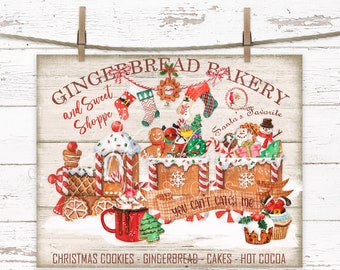 Gingerbread Bakery Sign Farmhouse Christmas Digital Download Decor Holiday Train  Hot Cocoa Print Transfer Vintage Desserts Christmas Sign