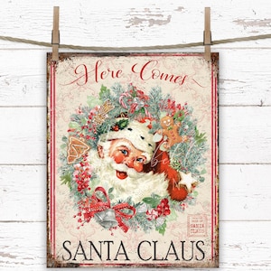 Vintage Santa Claus Christmas Sign: Rustic Farmhouse Wreath (Digital Download)